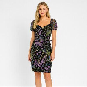 New Kensie Womens Size 8 Black Floral Embroidered Sweetheart Belted Dress